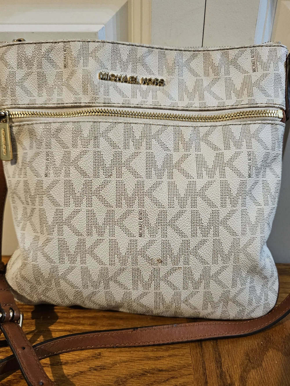 Michael Kors White Logo Crossbody Bag with Brown Strap